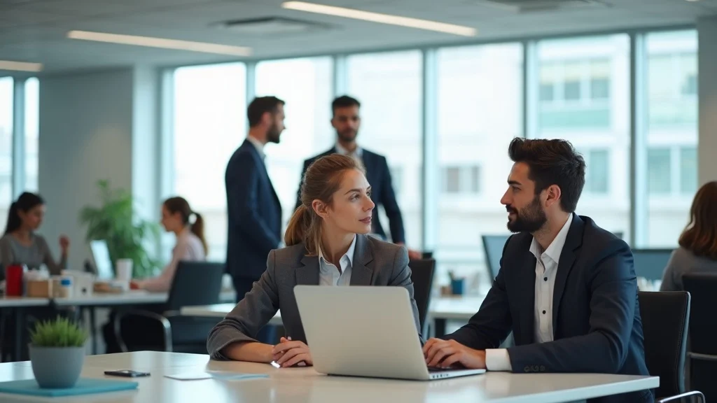 Bright, spacious modern office with employees focused and relaxed, desks uncluttered, and natural light—exemplifying the benefit of office & commercial cleaning services.