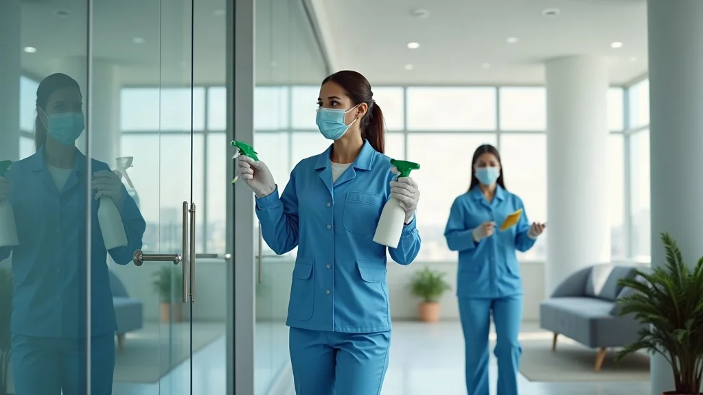 commercial disinfecting services - professional cleaning team disinfecting high-touch surfaces in a modern office lobby, using spray bottles and disposable gloves in a bright, immaculate environment