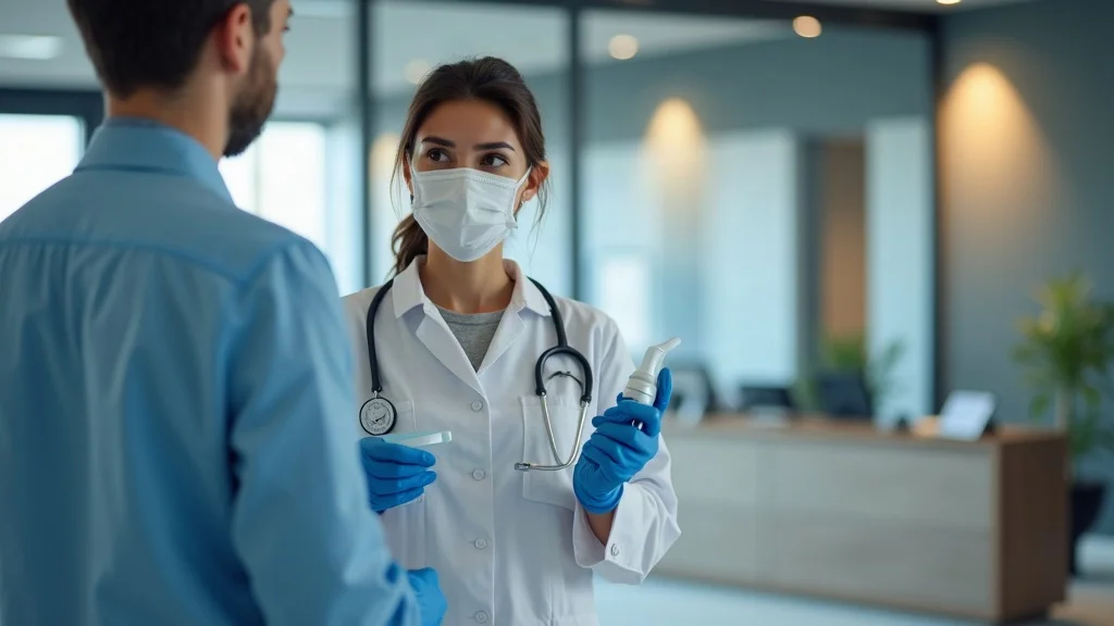 integrity-driven commercial disinfecting services - professional specialist holding disinfectant equipment and reassuring business client in a modern reception area