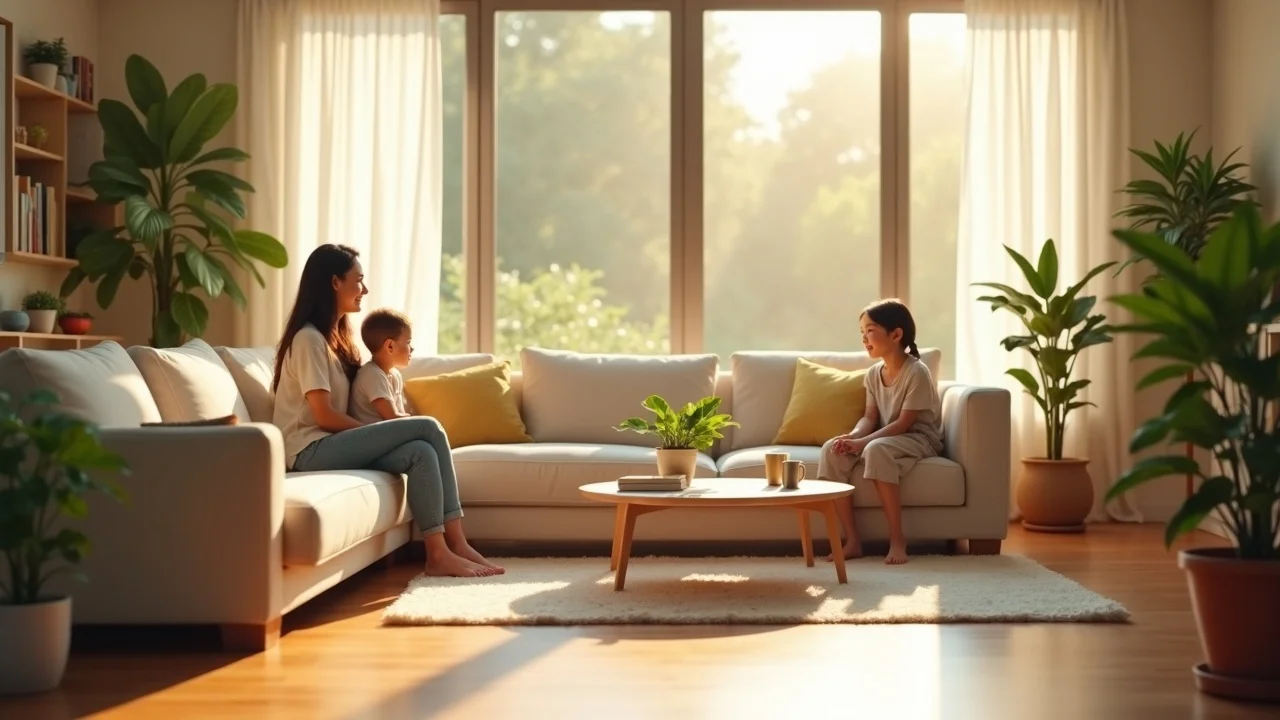 Inviting living room transformation after deep cleaning – Bright, welcoming, serene satisfaction, family admiring their refreshed space, modern living room with sunlight on spotless hardwood floors, vibrant plants and gleaming tabletops, lifelike realism, green palette, natural golden-hour lighting. Deep cleaning packages transformation