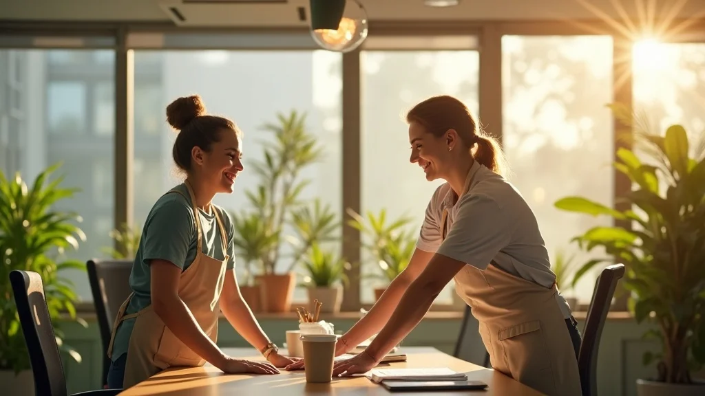 Professional cleaning staff smiling while wiping down shared office workspace, showing high-touch, compassionate office & commercial cleaning services in New Braunfels.