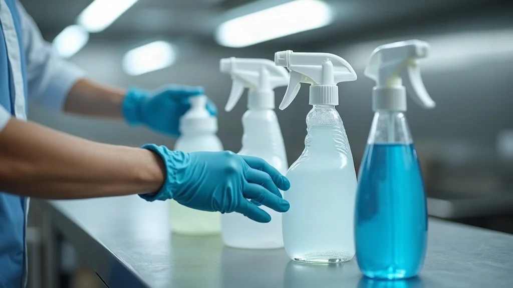 EPA-approved commercial disinfecting products - technician hands with gloves selecting disinfectants on a stainless steel counter